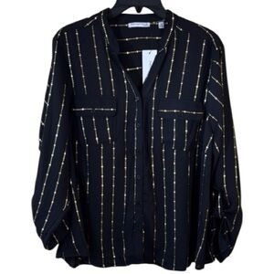 Notations Blouse Black & Gold Button Front Split Collar in Sizes 1X, 2X , 3X NWT